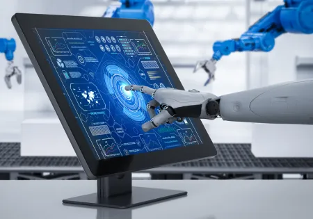 Robot pointing at screen